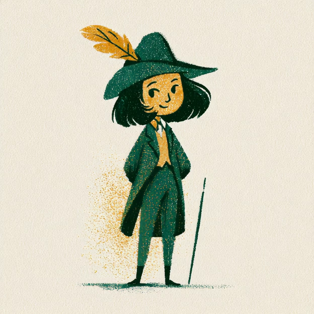 Ilustración de una niña exploradora de 10 años con sombrero de mosquetero y pluma dorada